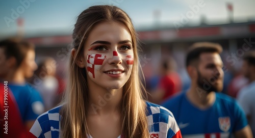 Happy CROATIA woman supporter with face painted in CROATIA flag , CROATIA fan at a sports event such as football or rugby match euro 2024, blurry stadium background photo