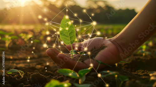 Hand holding a leaf with glowing network connections in soil