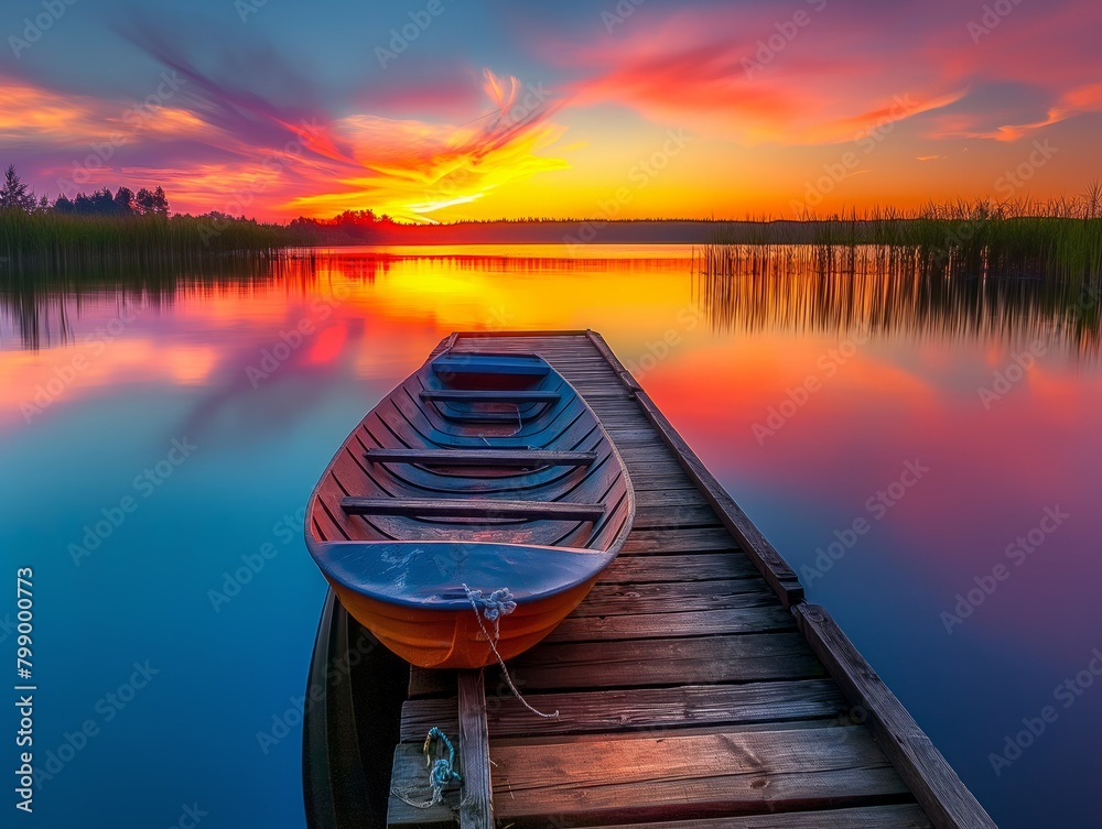 A boat is sitting on a dock in front of a lake. The sky is orange and the water is calm