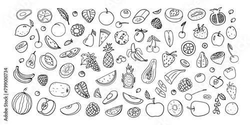 Large of fruits and berries in doodle style. Pineapple, strawberry, papaya, avocado, orange, lemon, banana, apple, pear, watermelon, kiwi, cherry and other. Vector illustration. Hand drawn