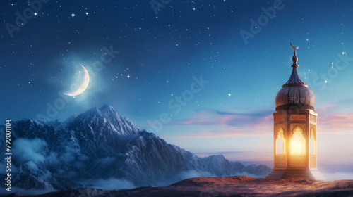 Illuminated lantern overlooking a mountain under a crescent moon and starry sky. Symbolizing peace  Ramadan  and spirituality