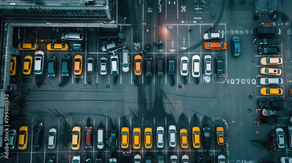 Aerial view of cars parked at a bustling international airport. Aerial view of cars parked at a bustling international airport.