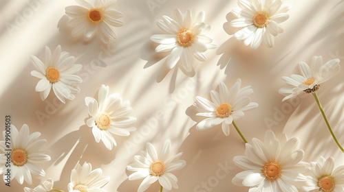 aesthetic white diary flowers on silk background with sunlight and shadows, aesthetic floral wallpaper with copy space