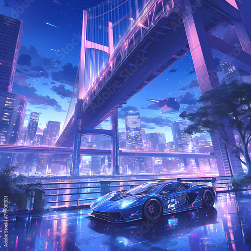 Illuminated Metropolis Skyline with Futuristic Bridge and High-Performance Vehicle