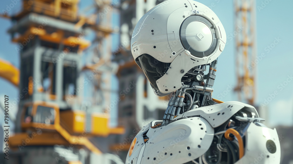 Futuristic robot working on construction site Futuristic robot working on construction site