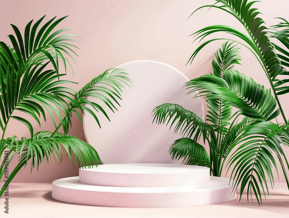 Podium mockup, tropical tree leaf background, 3d render Podium mockup, tropical tree leaf background, 3d render