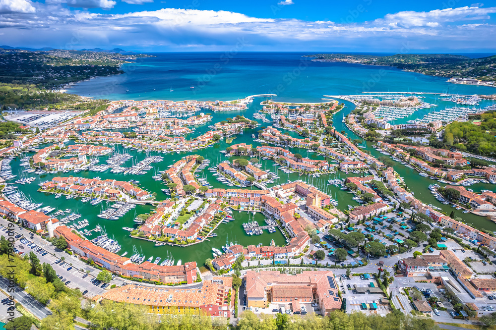 Scenic Port Grimaud yachting village marina aerial view