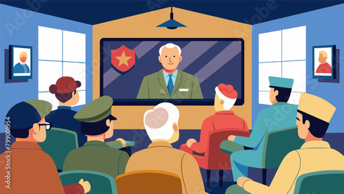 Image of a nursing home activity room where elderly veterans gather to watch a documentary about their time in the military.. Vector illustration