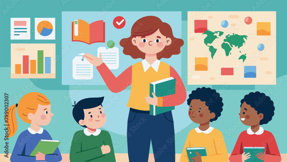 A teacher leading a classroom of children the walls adorned with maps and charts.. Vector illustration A teacher leading a classroom of children the walls adorned with maps and charts.. Vector illustration