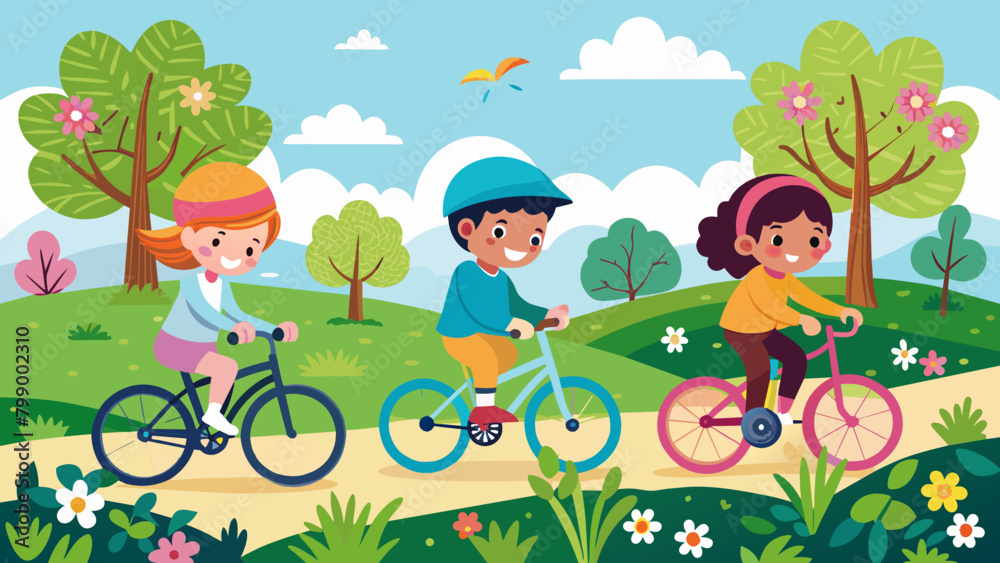 Cheerful Children Riding Bicycles in Sunny Park. Healthy lifestyle and childhood fun concept for children's book, educational poster. 