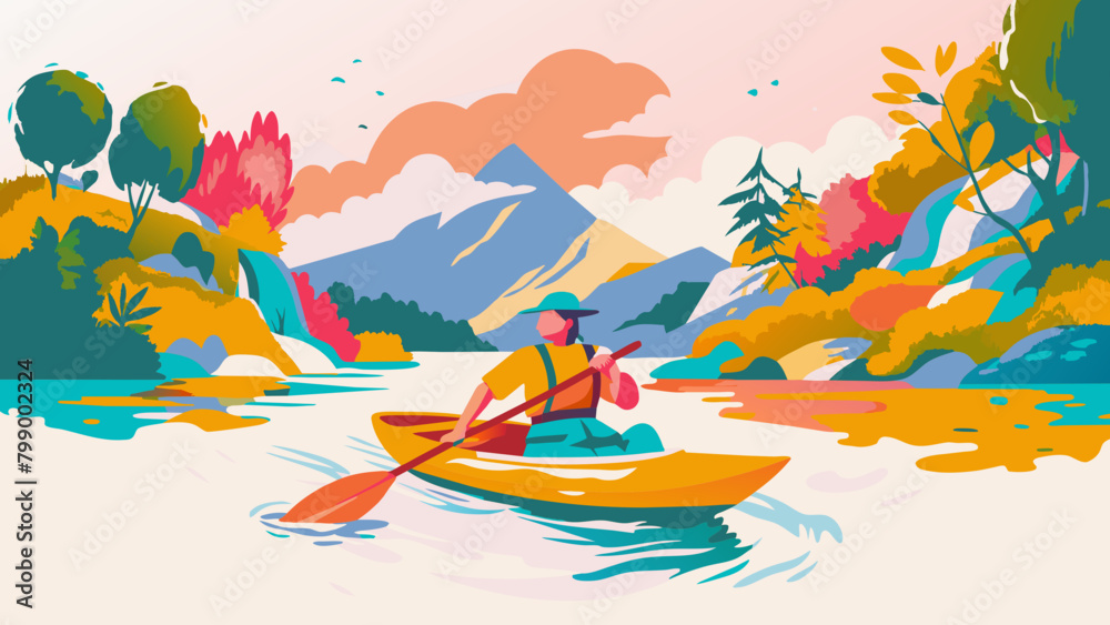 Solo Kayaker on a Serene Mountain Lake at Sunset. Colorful vector illustration of scenic nature landscape. Outdoor adventure and water sports concept for poster, banner.