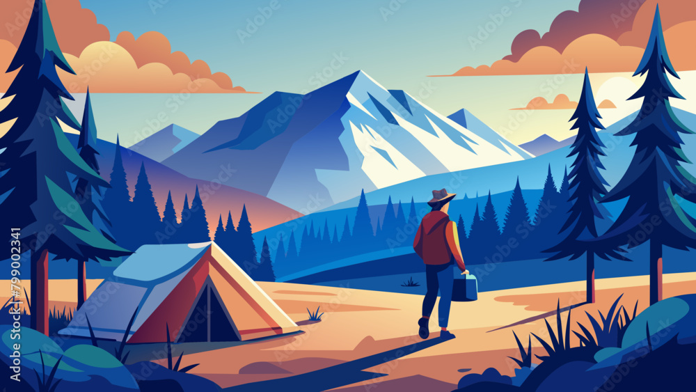 Solo Traveler Enjoying Majestic Mountain View at Sunset. Vector illustration of outdoor adventure. Camping and exploration concept for poster, banner. Flat design style with pastel colors
