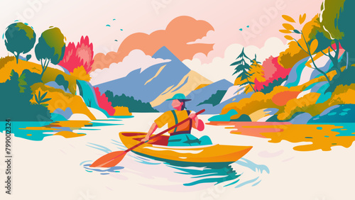 Solo Kayaker on a Serene Mountain Lake at Sunset. Colorful vector illustration of scenic nature landscape. Outdoor adventure and water sports concept for poster, banner.