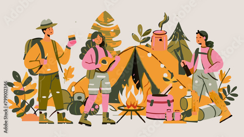 Joyful Friends Enjoying a Camping Trip in the Great Outdoors. Vector illustration of outdoor adventure. Camping and exploration concept for poster, banner. Flat design style with pastel colors