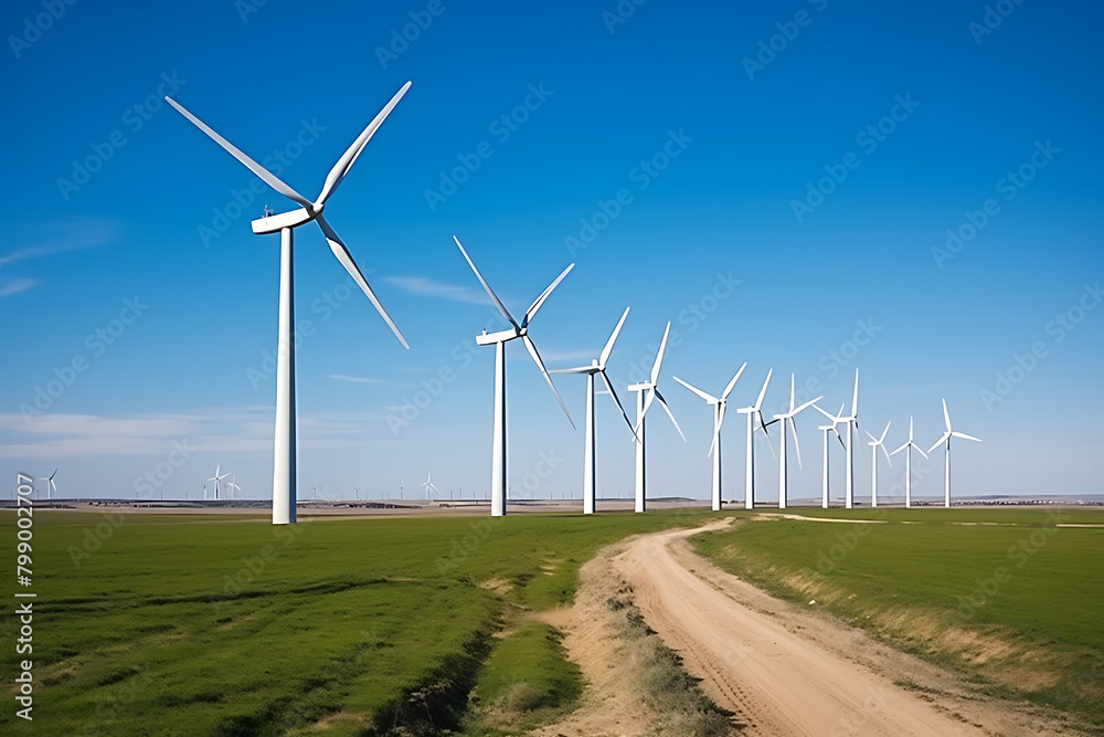 row of wind turbines on green hills, harnessing energy against a clear blue sky. Generative AI