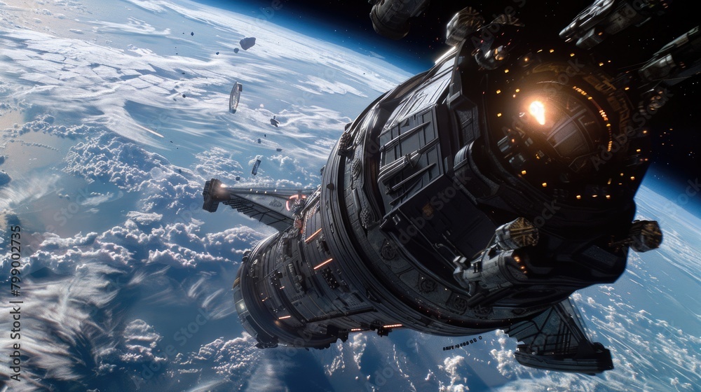 cinematic shot of an alien starship coming out of a interdimemsional portal in earth's orbit, cinematic shot of an alien starship coming out of a interdimemsional portal in earth's orbit,
