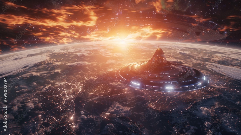 cinematic shot of an alien starship coming out of a interdimemsional portal in earth's orbit,