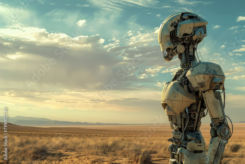 A robot stands in a desert, looking out at the horizon