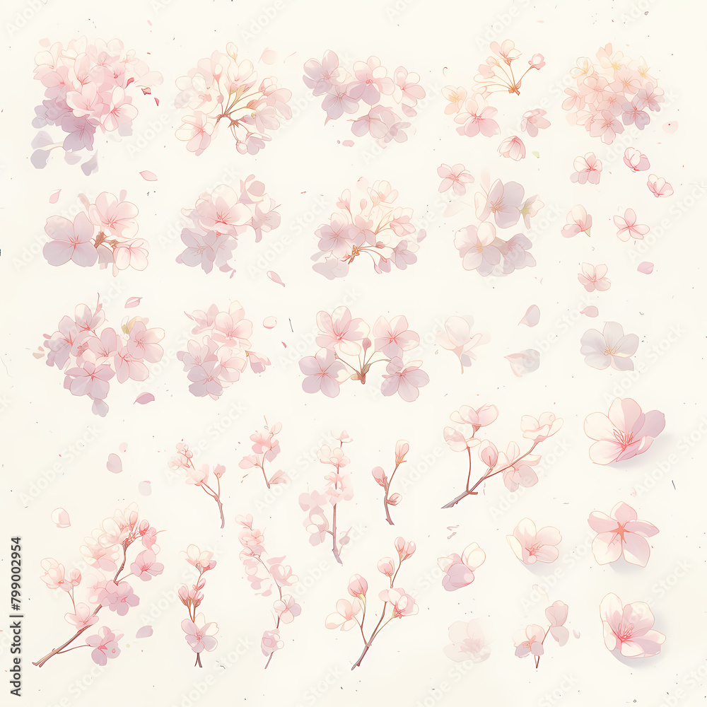 Sakura blossoms watercolor painted in delicate hues with a touch of elegance and tranquility for versatile design use.