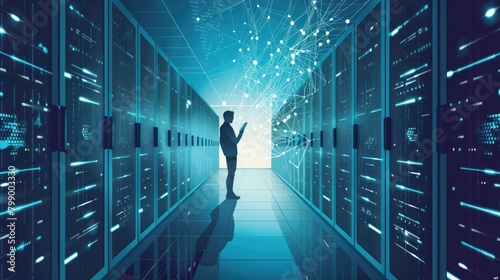 Image of data flowing from a manual through the air to a notebook in the hands of a technician standing beside a data center.