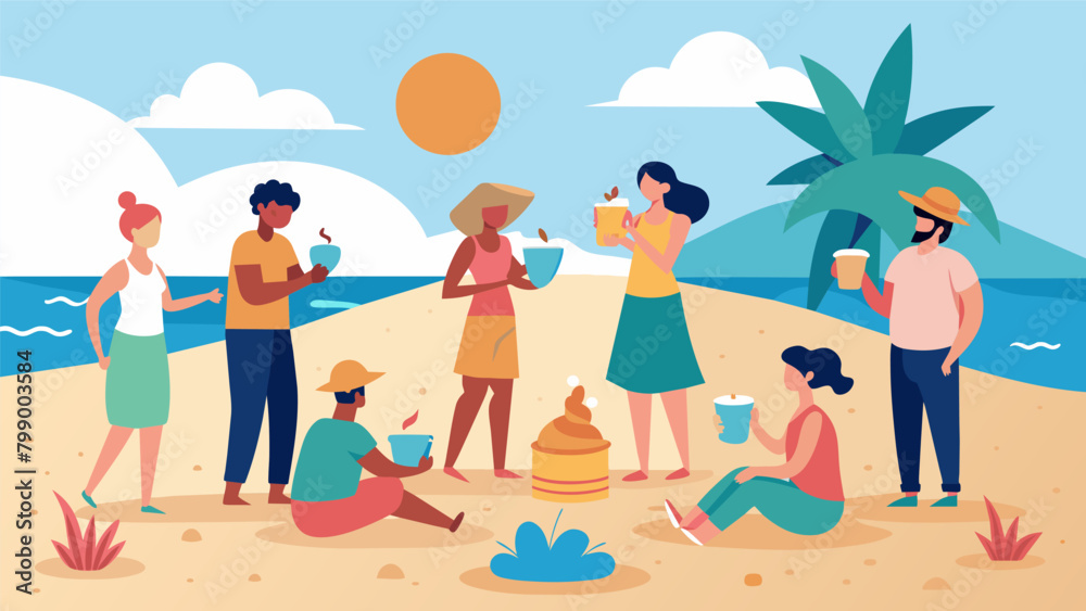 On a sunny beach a group of people gather around a sandcastle adorned with shells and flowers. Each person offers a small cup of water as a libation. Vector illustration