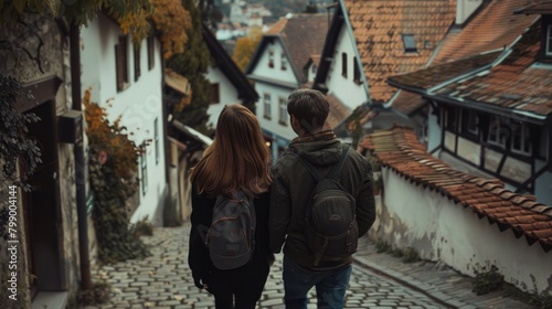 Young couple exploring cobblestone streets in a historic town.