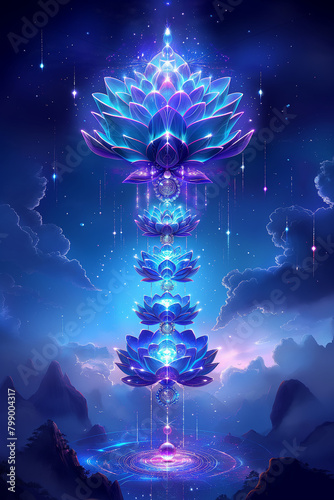 fantasy lotus flower in the shape of a vertical tower, psychedelic, simmyetrical, dark clouds and mountains in the background, chakras, glowy, shiny, illustration // ai-generated 