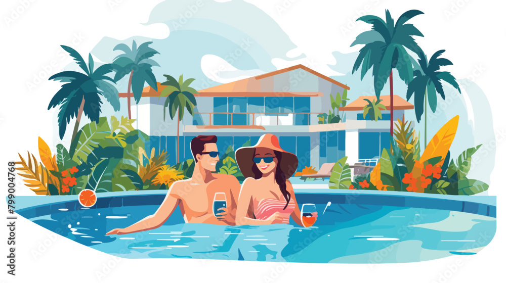 Love couple swimming in pool at villa resort on sum