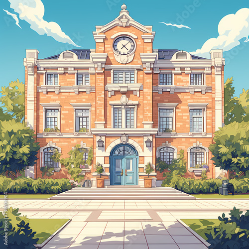 Stylishly Crafted 2D Flat Illustration of a Governmental School Building, Ideal for Education and Learning Content Creation