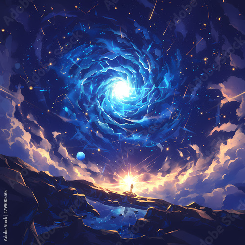 Awe-Inspiring Space Illustration Featuring a Supernova and Stellar Nebulae with Glowing Blue Colors