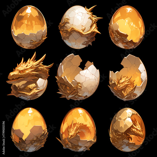 Stunning Collection of Hatching and Unhatched Golden Scaled Dragon Eggs in Various Stages of Opening photo
