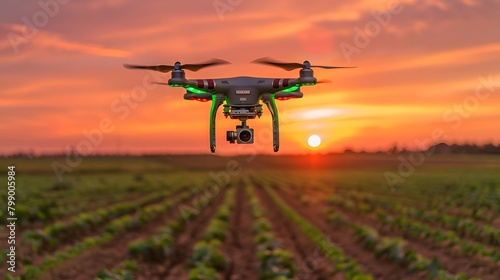 An advanced smart farming drone, equipped with green LED lights, flies over a lush green field, spraying pesticides at sunset, illuminating the crops with advanced agricultural technologies.