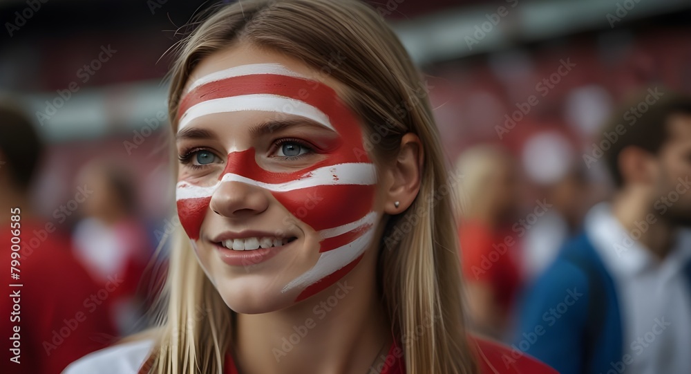 Happy DENMARK woman supporter with face painted in DENMARK flag