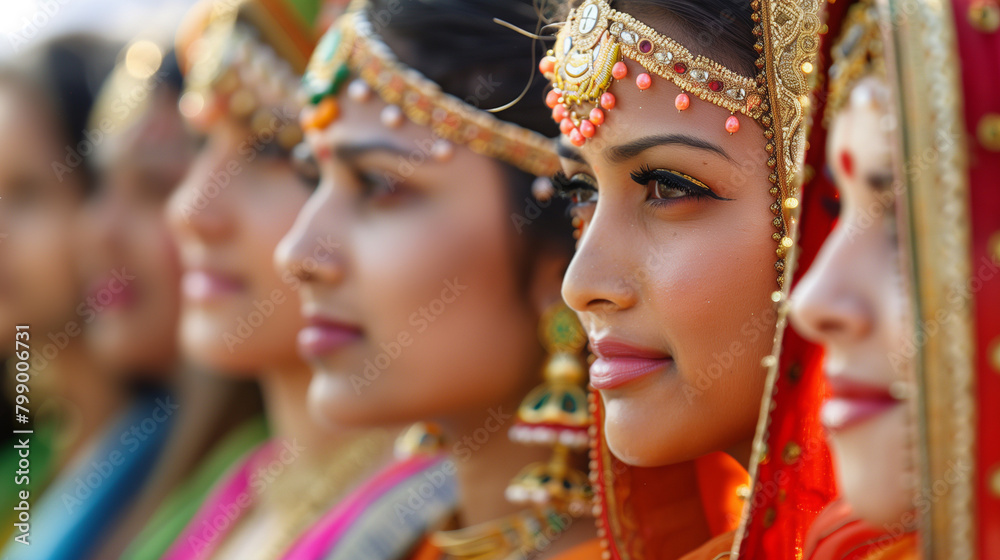 Multi-ethnic women in traditional dress stand in a row. Multi-ethnic women in traditional dress stand in a row.