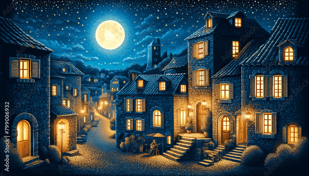 An artistic of a quaint old European village at night, bathed in the warm glow of streetlights. There's a full moon in the sky and stars