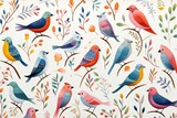 Charming avians, foliage mix, continuous pattern, flat illustration, white base ,  childlike drawing
