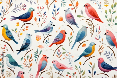 Charming avians, foliage mix, continuous pattern, flat illustration, white base , childlike drawing