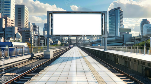 A modern citys train track is interrupted by a billboard featuring a mockup advertisement