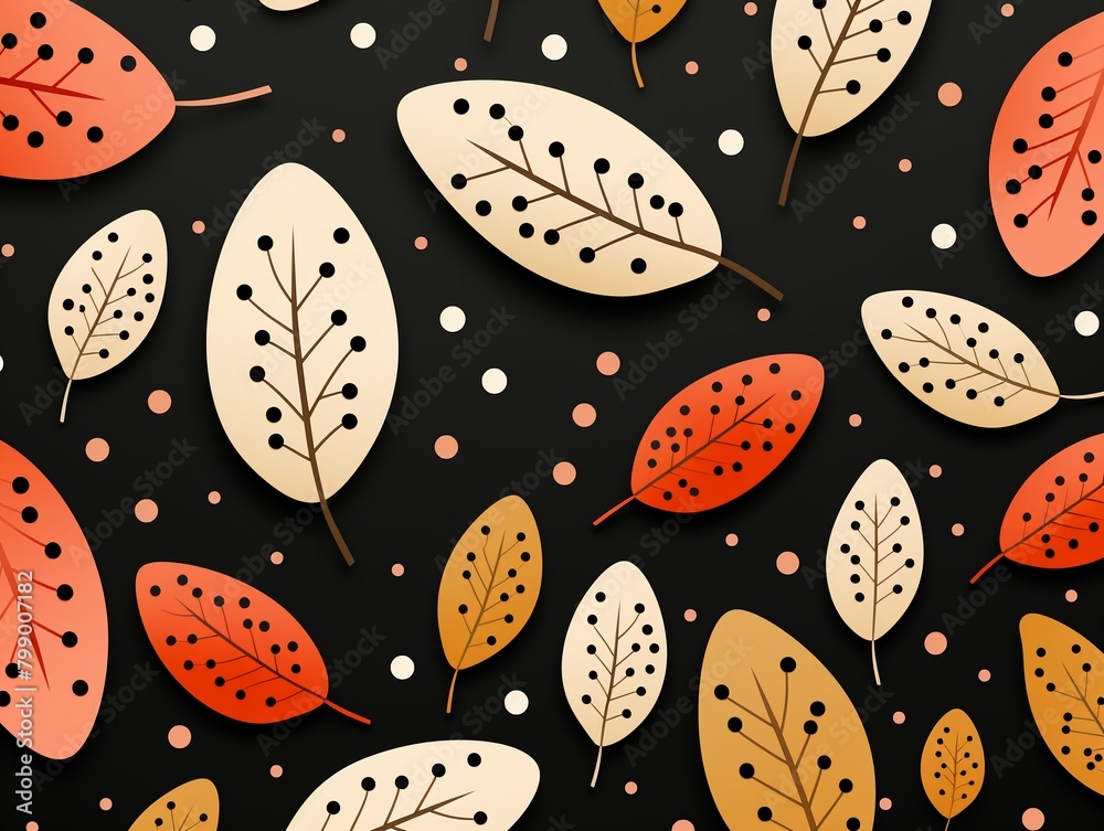 Foliage and dots, endless texture, simple flat illustration, solid backdrop ,  repeating pattern