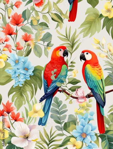 Parrot party  botanical mix  repeating flat pattern  white bg    high resolution