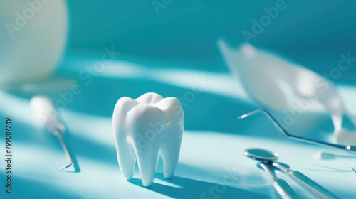 Photography of Dentistry concept. Model of a tooth and dental instruments on a blue background with space for text.