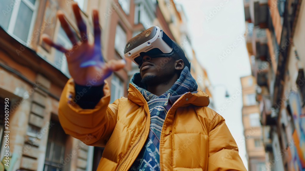 man wearing VR headset in urban setting suing hands gesture man wearing VR headset in urban setting suing hands gesture