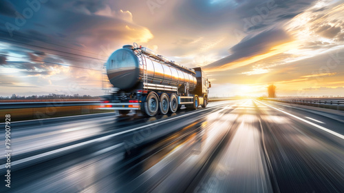 A semi truck, carrying petroleum products, travels down a highway under a cloudy sky
