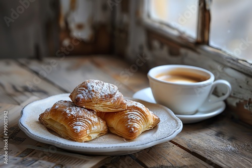 Aromatic Italian espresso beside a plate of freshly baked Sfogliatella  detailed pastry textures on a rustic table  warm morning light