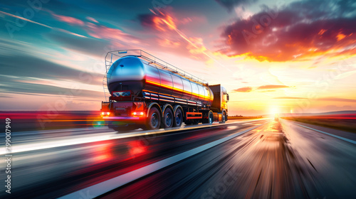 A semi truck carrying petroleum products drives down a highway during a picturesque sunset