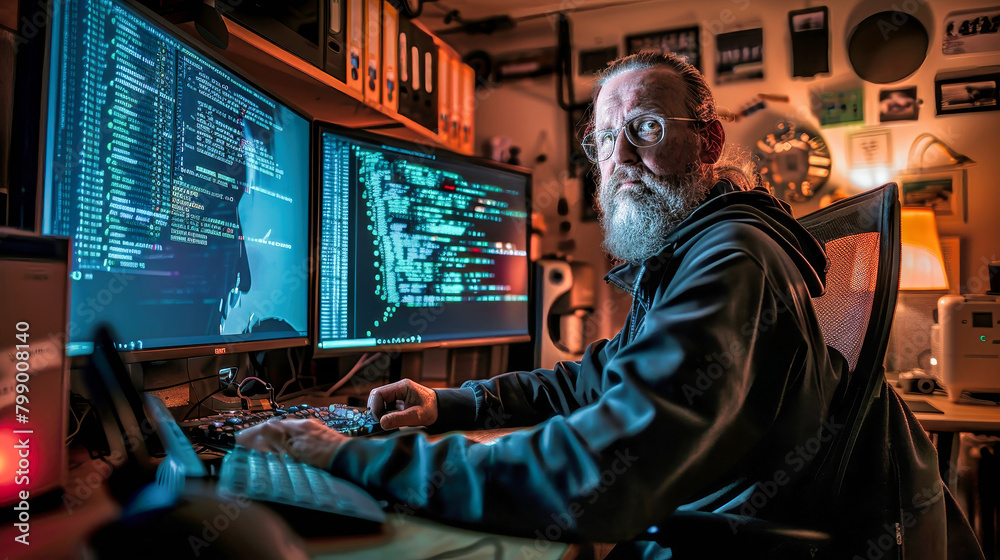 A man sits intently in front of two computer monitors, surrounded by a digital glow as he works on his keyboard A man sits intently in front of two computer monitors, surrounded by a digital glow as he works on his keyboard