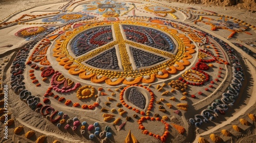 Peace sign centered sand mandala marks International Day against Nuclear Tests. International Day Against Nuclear Tests, August 29