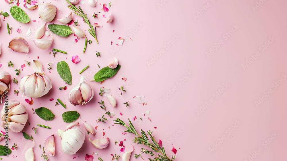 Fresh Garlic and Herbs: Culinary Essentials for Healthy Cooking, Isolated Top View with Copy Space on color Background Fresh Garlic and Herbs: Culinary Essentials for Healthy Cooking, Isolated Top View with Copy Space on color Background