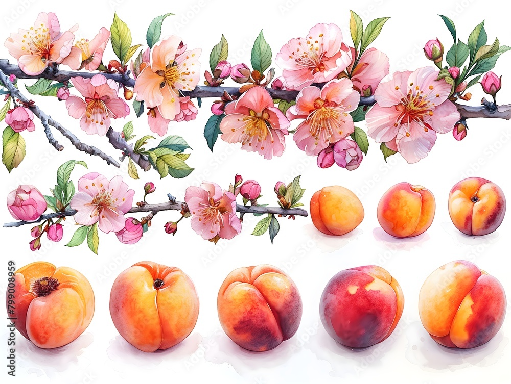 a captivating vector art piece on a white background depicting the life cycle of a peach, from delicate peach blossom flowers to ripe, juicy fruit, nature's bounty - obrazy, fototapety, plakaty 
