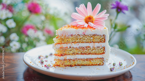 Piece of cake with flower on top.